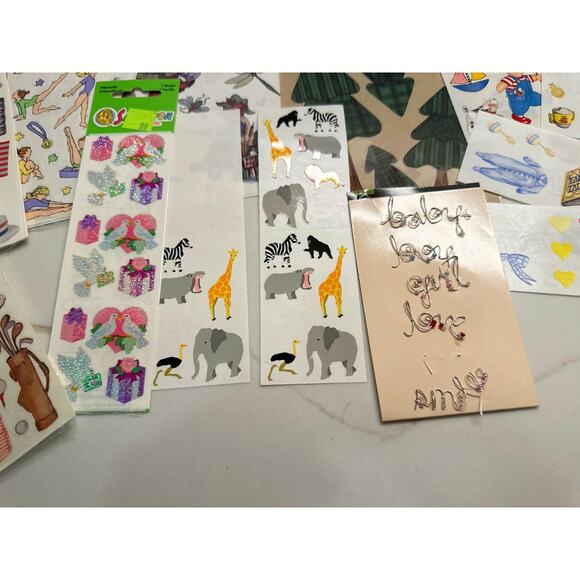 Large Lot of Vintage Stickers Baby Gymnastics Flags Trees Golf Presents Camping - Picture 5 of 5